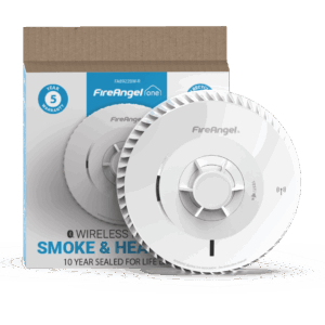 FA8922BW-R smoke and heat alarm displayed in front of its product box with details shown.