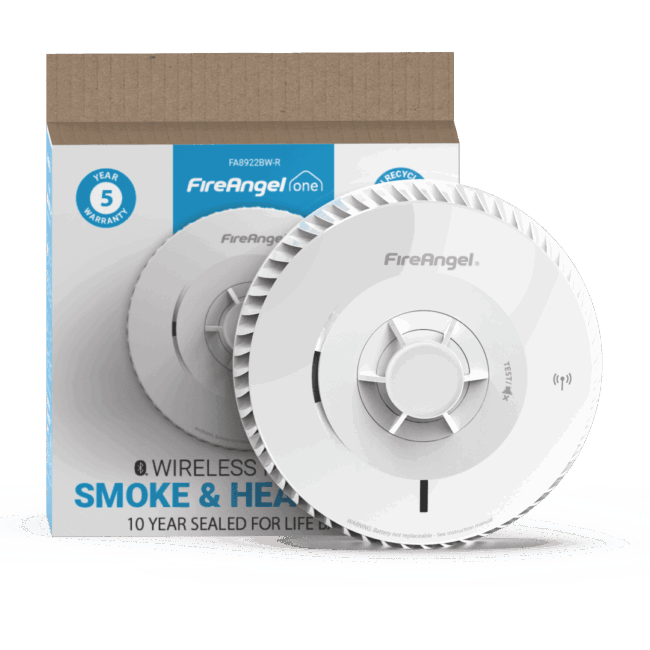 FA8922BW-R smoke and heat alarm displayed in front of its product box with details shown.